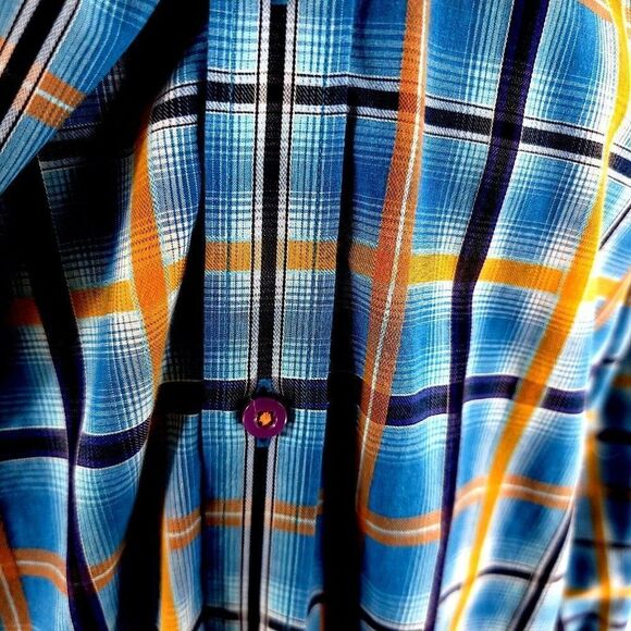 Thomas Dean Small Blue Yellow Windowpane Flip‎ Cuff Button Front Dress Shirt - Picture 3 of 9